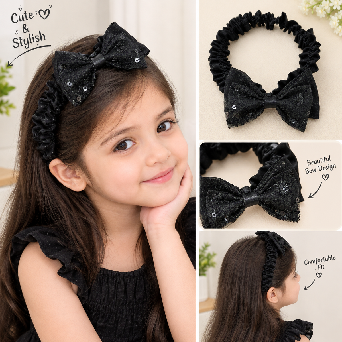 Stylish Black Organza Bow Hair Band for Baby Girls & Kids