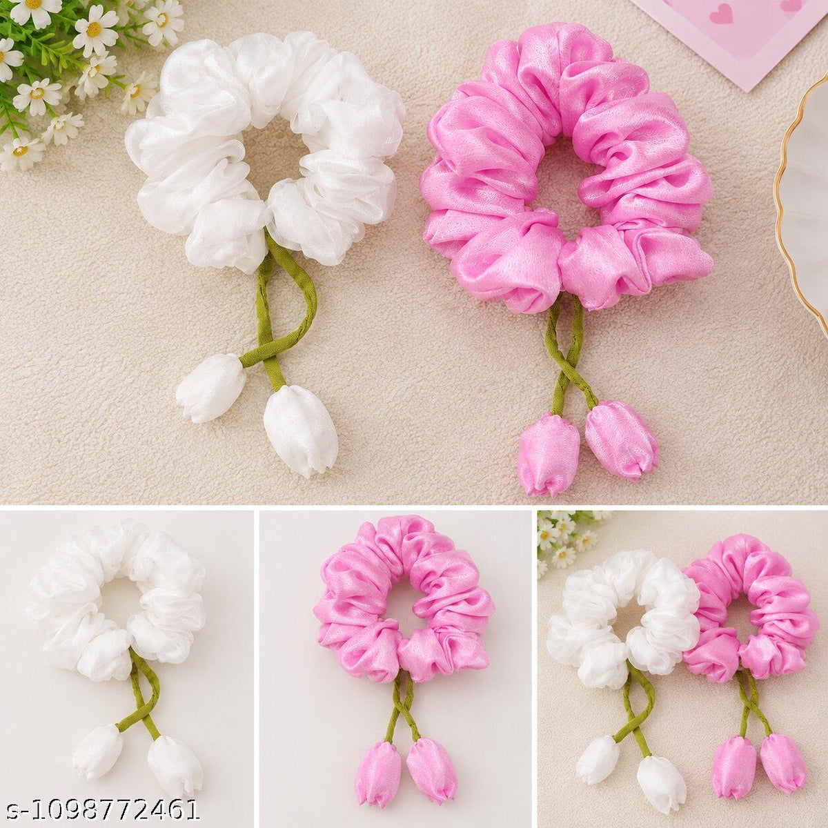 Women & Girls White and Pink Organza Scrunchies Combo | Soft Fabric Hair Rubber Bands