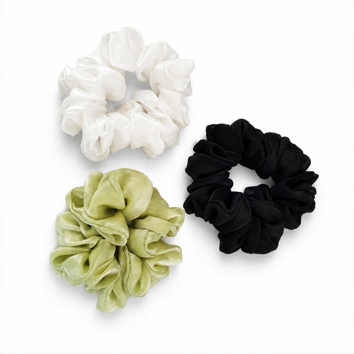 Women Silk Organza Hair Scrunchies | Soft & Stylish Hair Rubber | Black, White & Light Green | Pack of 3