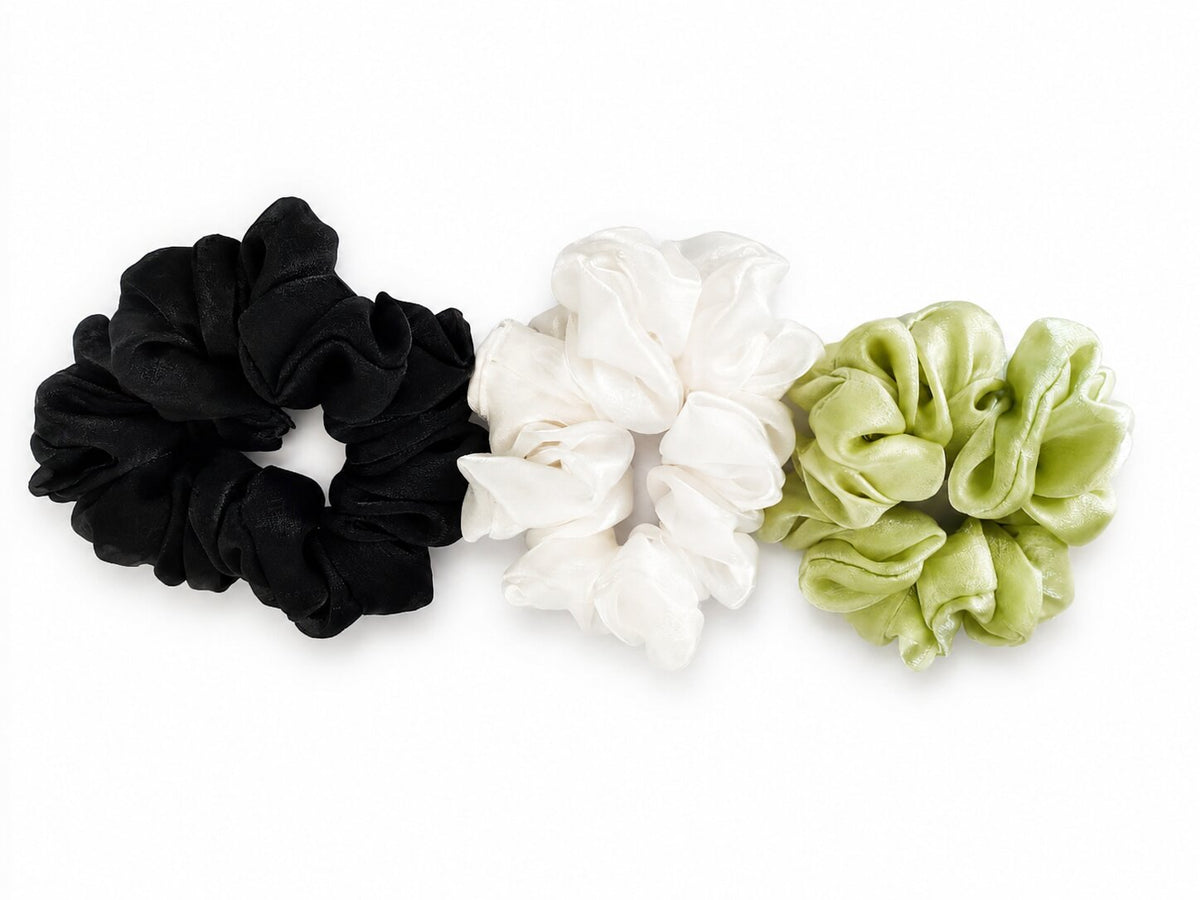 Women Silk Organza Hair Scrunchies | Soft & Stylish Hair Rubber | Black, White & Light Green | Pack of 3