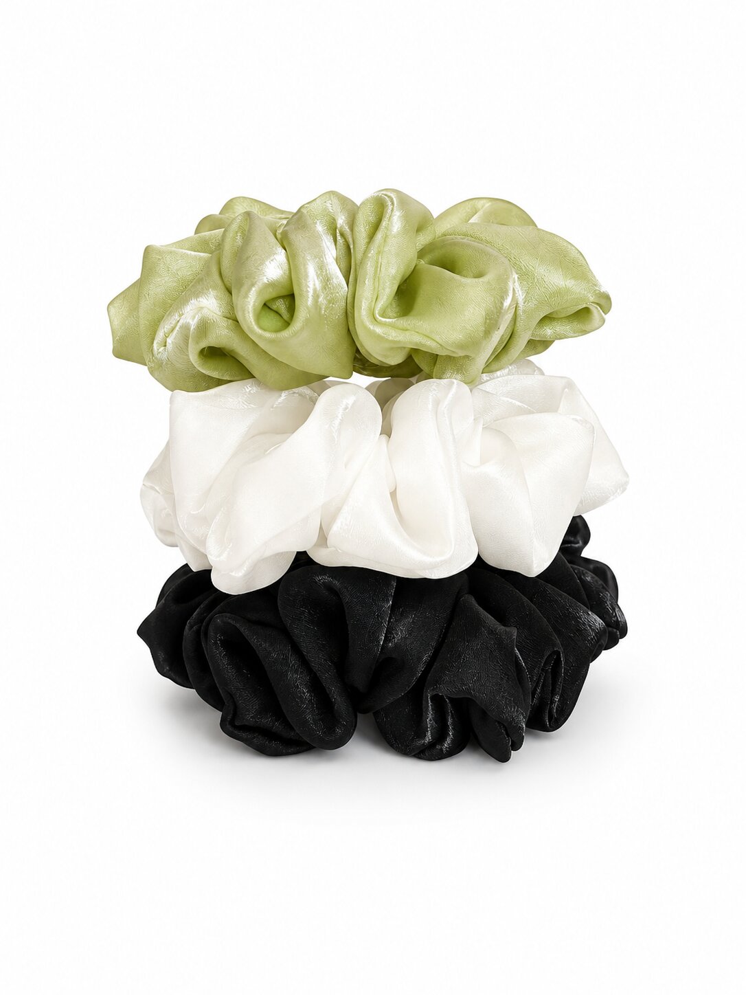Women Silk Organza Hair Scrunchies | Soft & Stylish Hair Rubber | Black, White & Light Green | Pack of 3